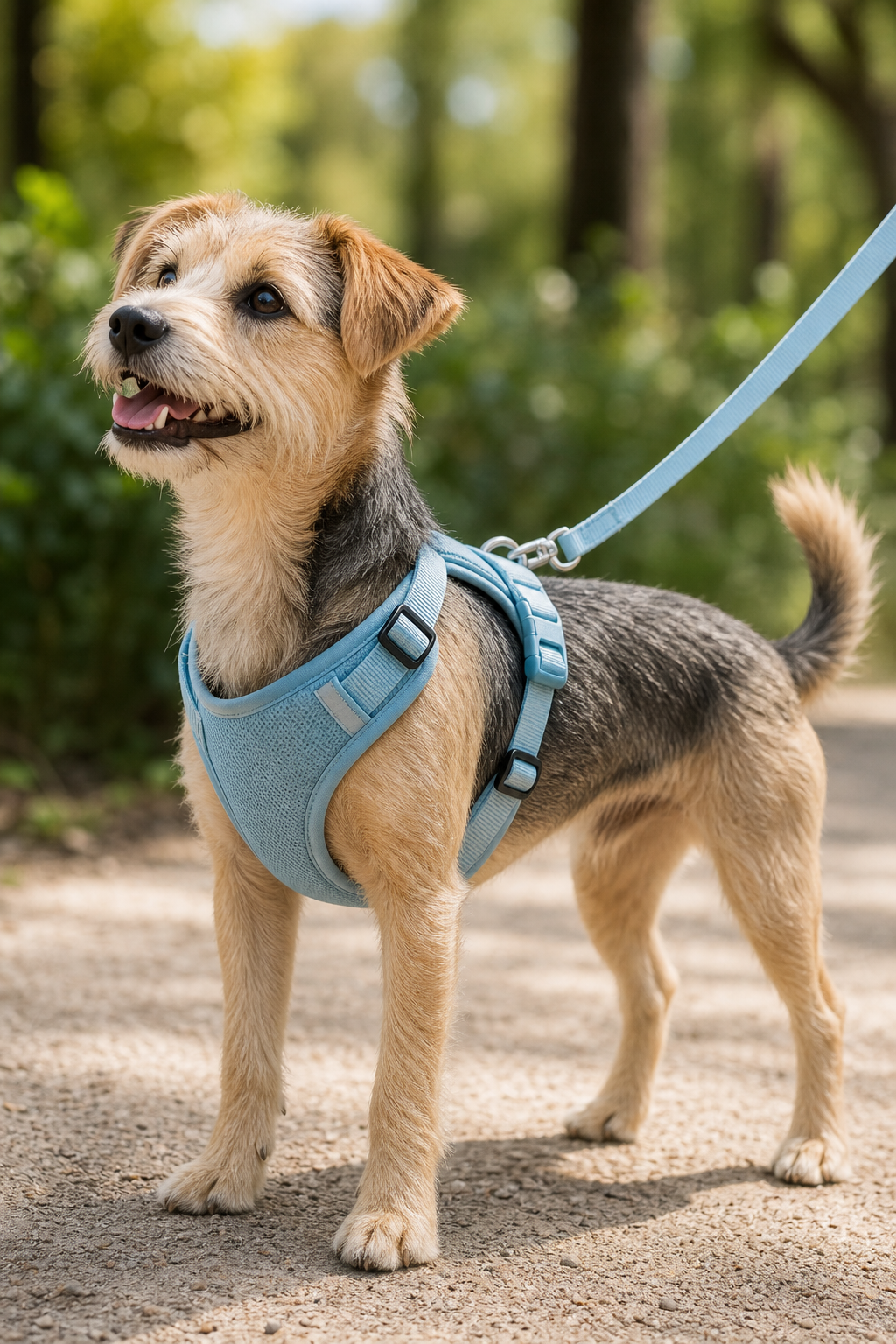 Dog wearing blue walking harness